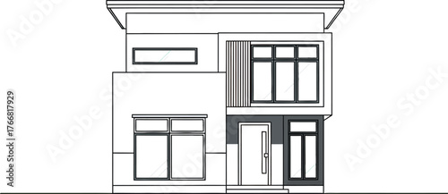 Illustration of a modern twostory house with a flat roof on a green background