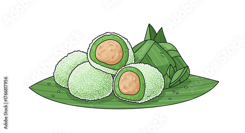 Illustrative depiction of traditional sweet green rice cakes, filled with palm sugar and served with banana leaf wrapped delicacies on a plate