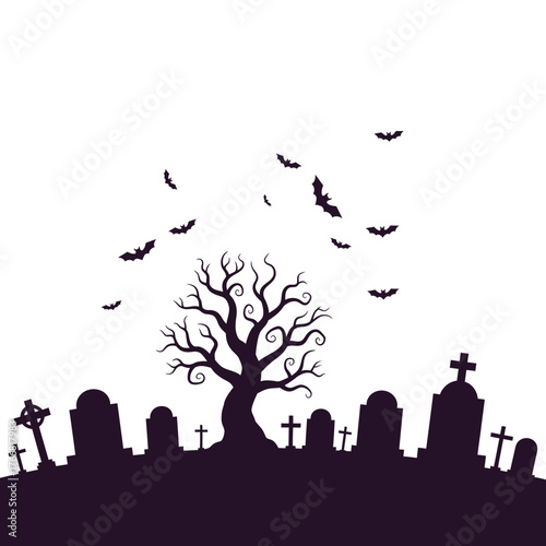 Eerie Halloween night scene featuring a silhouette of a haunted graveyard with a spooky bare tree and flying bats under a moonlit sky, perfect for autumn festivities and scary themes