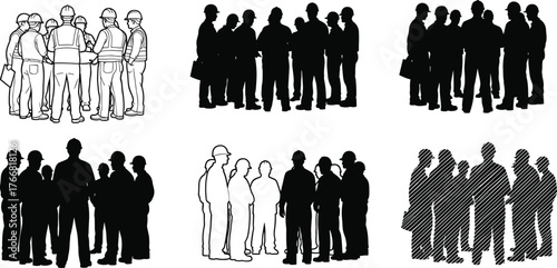 Silhouette and outline illustration of construction workers team meeting, engineers discussing project plans, teamwork collaboration, communication, safety, and coordination concept