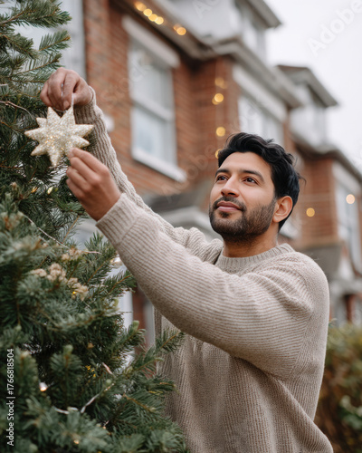 Man decorating Christmas tree with star ornament, celebrating festive holiday spirit at home