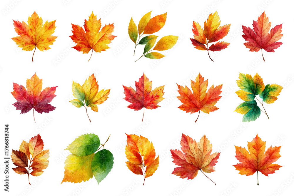 Fototapeta premium PNG Vibrant watercolor autumn leaves collection, element set on transparent background