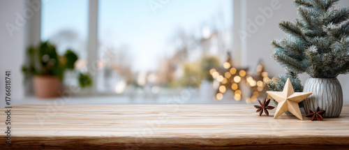 Festive wooden table mockup with Christmas decorations and cozy atmosphere for holiday celebration