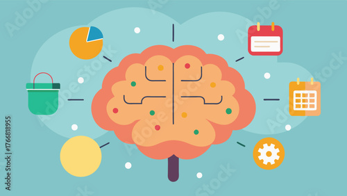 A brain with different dates and events floating around it representing the benefits of a personalized memory calendar in keeping the brain active and stimulated.. Vector illustration