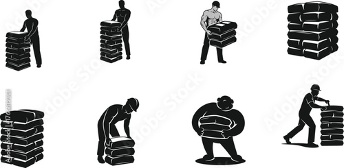 Silhouette illustration of construction workers lifting cement bags, heavy load handling, industrial labor, safety, teamwork, construction material, strength, hard work