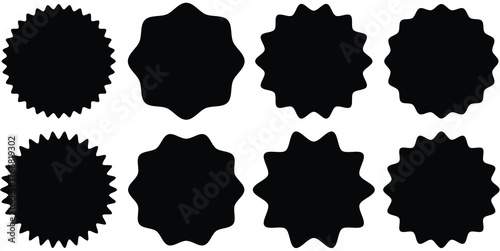Set of black star burst shape tags for price. Circle sticker. Wavy edge promo badges. Blank sale stickers collection. Design elements of Price sticker, sale sticker, starburst, quality mark, retro.