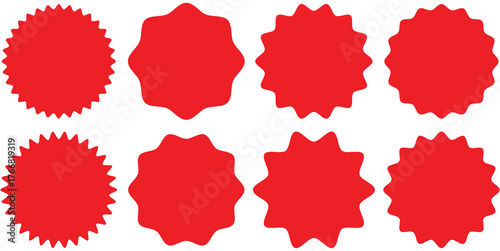 Set of sale sticker, price tag, starburst, sunburst badges, quality mark, sunburst badges, retro stars. Wavy edge. Star burst shape. Promo stickers with star edges. Sale or discount badge icon.