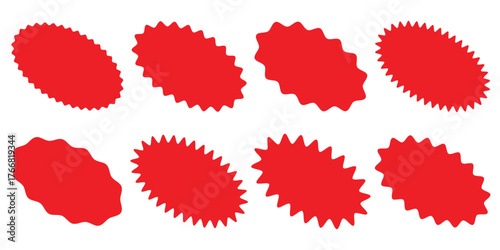 Set of sale sticker, price tag, starburst, sunburst badges, quality mark, sunburst badges, retro stars. Wavy edge. Star burst shape. Promo stickers with star edges. Sale or discount badge icon.