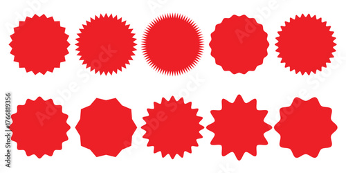Set of sale sticker, price tag, starburst, sunburst badges, quality mark, sunburst badges, retro stars. Wavy edge. Star burst shape. Promo stickers with star edges. Sale or discount badge icon.
