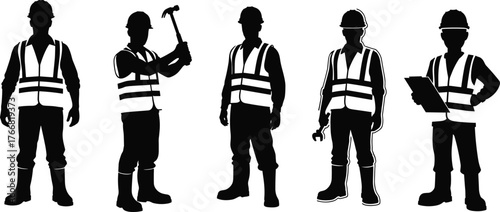 Silhouette illustration of construction workers wearing safety vests and helmets, holding tools, engineers teamwork, labor industry, repair and maintenance concept