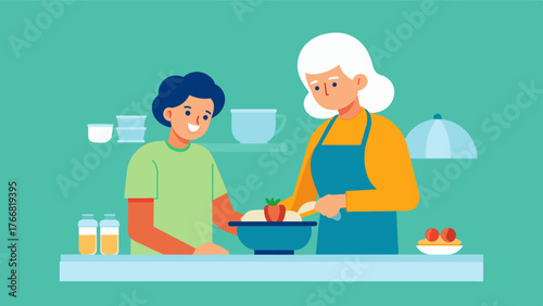 A caregiver and an elderly individual with dementia sitting at a kitchen table working together to prepare a meal. The caregiver gently guides the senior through each step. Vector illustration