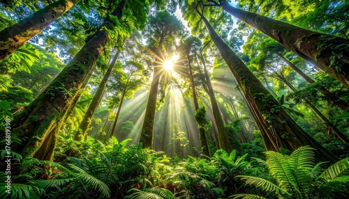 Fototapeta Naklejka Na Ścianę i Meble -  Sunlit Forest Canopy with Towering Trees and Lush Green Undergrowth at Dawn