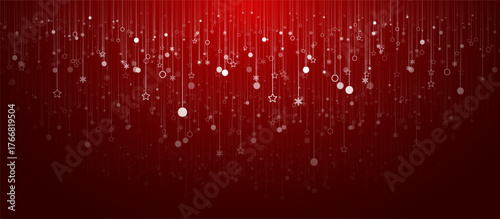 Red luxury christmas background with falling white snowflakes, stars, and circles. Lots of christmas decorations hanging on strings. Elegant minimalistic design.