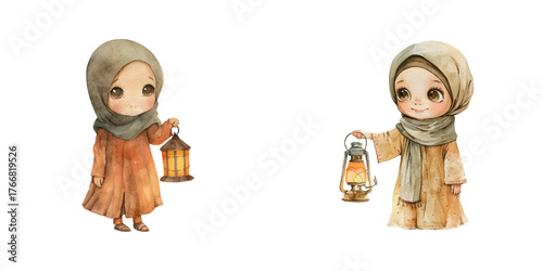 moslem girl holding lantern watercolor vector illustration