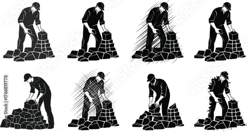 Silhouette of construction worker building stone wall, masonry laborer stacking rocks, manual construction process, craftsmanship, industrial work illustration
