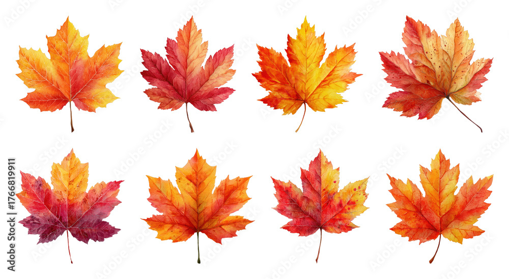 Fototapeta premium PNG Vibrant autumn maple leaves illustration, element set on transparent background