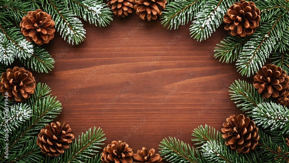 Fototapeta premium Christmas Pinecone and Fir Branch Border on Wooden Background | Festive Holiday Frame.