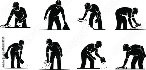 Silhouette of construction workers cleaning and sweeping the floor with tools, labor activity, maintenance, building site, industrial work illustration