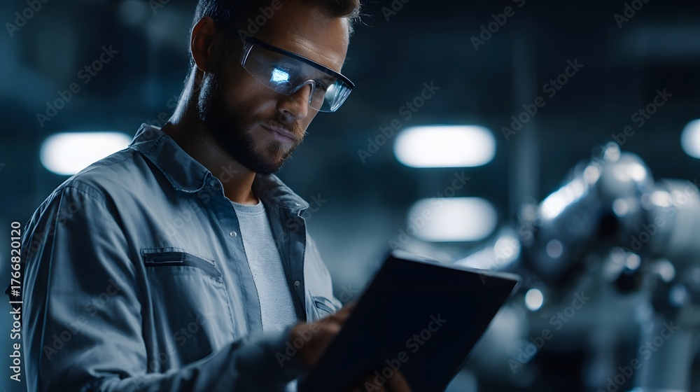 Fototapeta premium Focused engineer in safety glasses uses tablet in modern industrial factory reviewing digital data