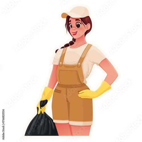 A woman in work clothes collects trash. Vector illustration on the theme of cleanliness and environmental protection