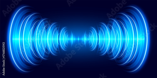 Futuristic circular sound waves. Sound explosion. Electronic music visualization. Round light effect. Radio signal circle. Audio equalizer background.