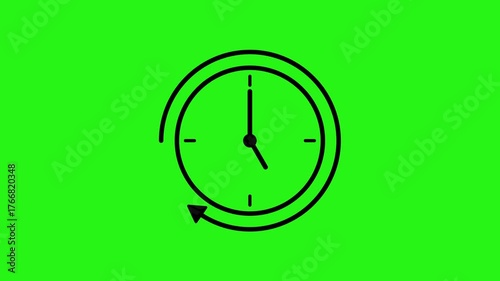 Looping arrow and clock icon animation symbolizing uninterrupted availability on green screen background
