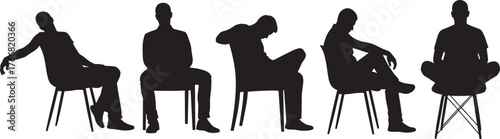 Silhouettes of seated people in varied postures, body language positions, casual, attentive, meditative, contemplative poses, ergonomic, psychology, chair sitting styles