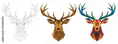 A Set of Geometric Deer Head Vector Illustration Design in Outline, Brown, And Multicolor