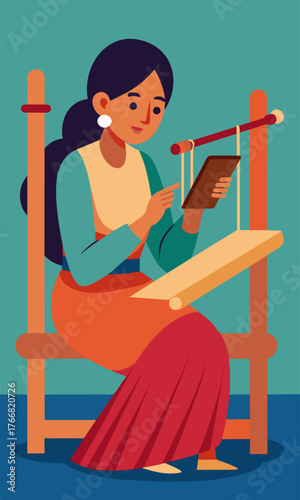 A weavers apprentice takes a break from her traditional loom to answer messages on her smartphone checking in with her clients and suppliers.. Vector illustration