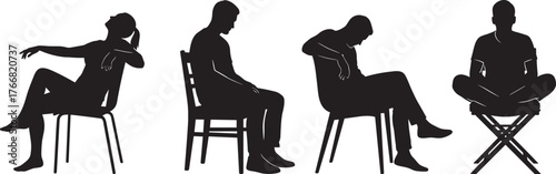 Silhouettes of seated people in varied postures, body language positions, casual, attentive, meditative, contemplative poses, ergonomic, psychology, chair sitting styles