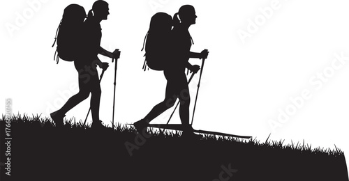 Black silhouette of hikers walking uphill, outdoor trekking scene with backpacks and sticks, vector illustration for nature, travel, fitness, adventure, endurance, teamwork