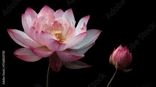 Beautiful pink lotus flowers bloom against a dark background during the serene hours of the evening