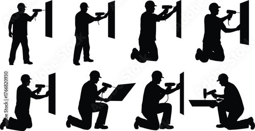 Silhouette of construction workers using power drills, drilling wall panels, working on installation projects, handyman repair, industrial maintenance illustration