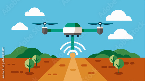A drone equipped with IoTbased soil compaction sensors flying over a farmland collecting data and sending it to a central database.. Vector illustration