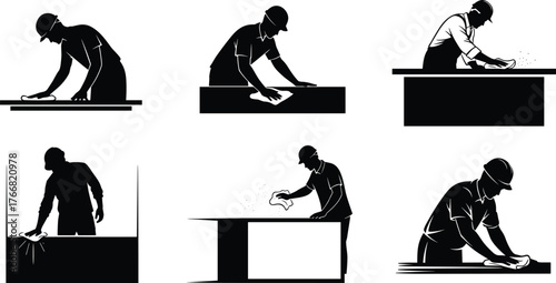 Silhouette of workers cleaning surfaces with cloth, construction labor, maintenance activity, industrial workplace hygiene, professional cleaner, hard work illustration
