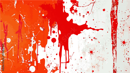 Vivid Abstract Red and Orange Paint Splatter Texture. Modern Expressionist Artwork with Dynamic Drips, Splashes, and Stains of Bright Red, Orange, and White Pigments on Canvas