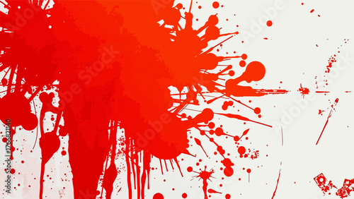 Vivid Abstract Red and Orange Paint Splatter Texture. Modern Expressionist Artwork with Dynamic Drips, Splashes, and Stains of Bright Red, Orange, and White Pigments on Canvas
