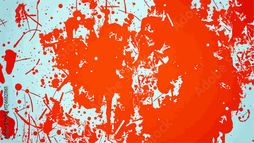 Vivid Abstract Red and Orange Paint Splatter Texture. Modern Expressionist Artwork with Dynamic Drips, Splashes, and Stains of Bright Red, Orange, and White Pigments on Canvas