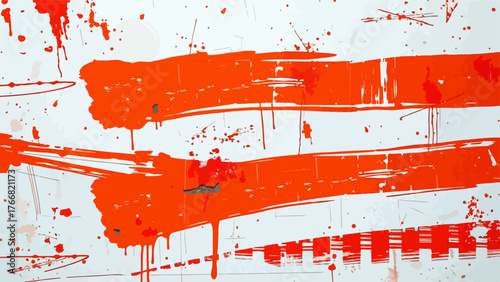 Vivid Abstract Red and Orange Paint Splatter Texture. Modern Expressionist Artwork with Dynamic Drips, Splashes, and Stains of Bright Red, Orange, and White Pigments on Canvas