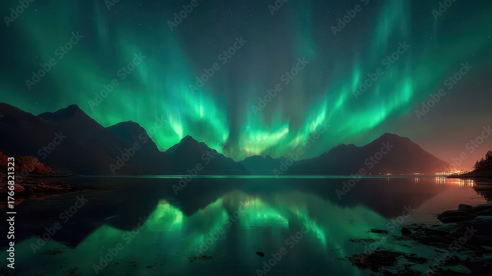 Fototapeta premium Vibrant northern lights illuminate a serene landscape reflected in calm waters at night