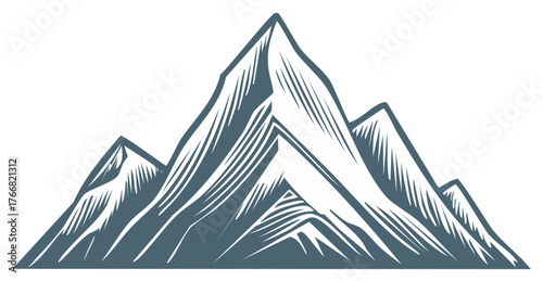 Engraved Style Mountain Range Illustration with Jagged Peaks and Lines Detailing Shading and Dimension