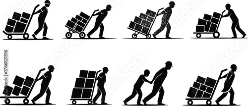 Silhouette of workers pushing hand trucks loaded with boxes, warehouse labor, heavy lifting, industrial work, logistics and transportation illustration