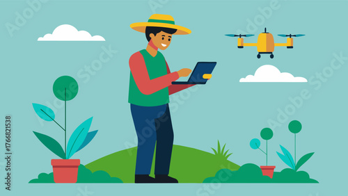A farmer examining data collected by a drone to make informed decisions for precision seeding taking into account factors such as soil moisture and weather conditions.. Vector illustration