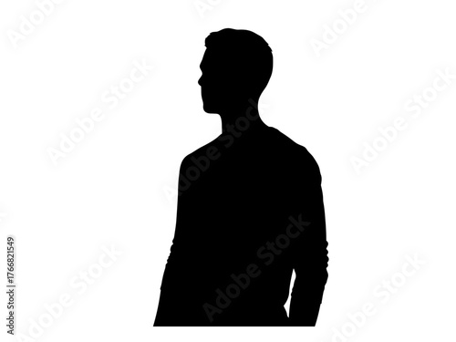 Silhouette of a person looking to the side, isolated on a transparent background in black