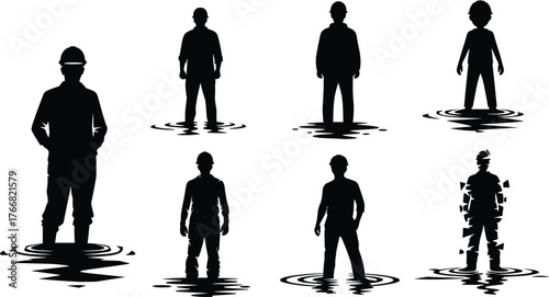 Silhouette of workers standing in water reflection, construction flooding concept, safety illustration, disaster cleanup, industrial people reflection scene