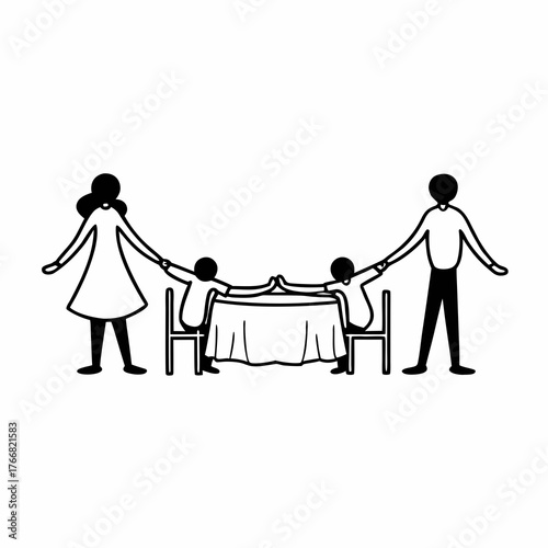 Simple line art silhouette of a family holding hands around a dinner table, heartwarming feeling, white background