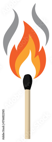 Burning Matchstick Icon: Flame with Smoke, Fire Starter Illustration on Plain Background