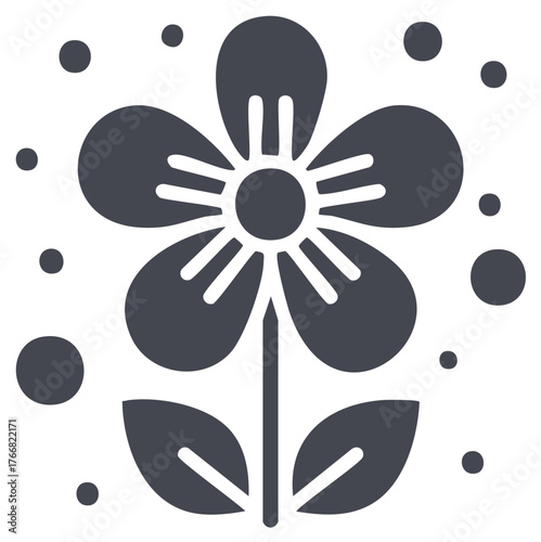 Dark Floral Icon with Five Petals and Pollen for Simple Modern Design and Spring Season