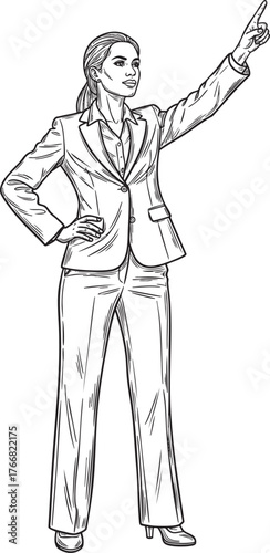 Determined businesswoman in a pantsuit pointing upwards in a handdrawn sketch style.