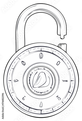 Simple Line Art Drawing Depicting an Unlocked Combination Padlock Symbolizing Freedom Security and Accessibility